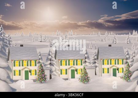 Drei Häuser stehen auf Schnee, mit Weihnachtsbäumen, Kiefern und leuchtenden Fenstern Stockfoto
