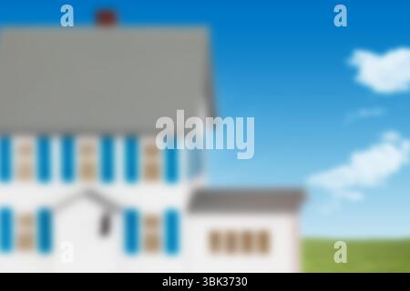 Das zweistöckige weiße Haus wird in flachem Design gezeigt, mit grauem Dach und blauen Fensterläden auf dem Rasen Stockfoto