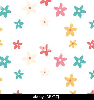 Es zeigt ein flaches fünfblättriges Blumenmuster in blaurosa gelber Creme, das zentriert auf weißer Leinwand zeigt Stockfoto