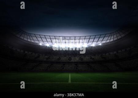 Das Pro-Football-Stadion erstrahlt durch Flutlichter in flachem Design mit grünem Spielfeld und halber Linie Stockfoto