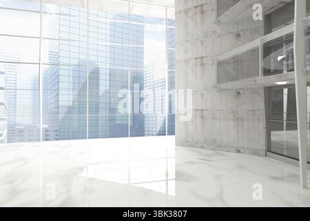 Mit leerer Bürolobby mit Glasfenstern, Fliesenboden und Betonwand bei Tageslicht Stockfoto