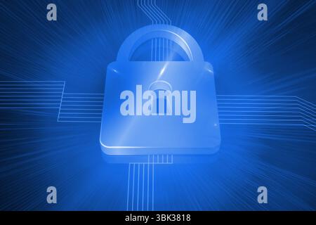 Das metallische Vorhängeschloss-Symbol leuchtet auf dem dunkelblauen Schaltungsraster und zeigt das Netzwerksicherheitskonzept an Stockfoto