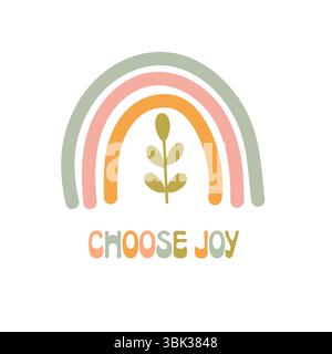 Niedlicher Boho-Regenbogen in Pastelltönen mit Blattzweig und motivierendem Text – „Joy“ darunter. Positive flache Abbildung. Stock Vektor