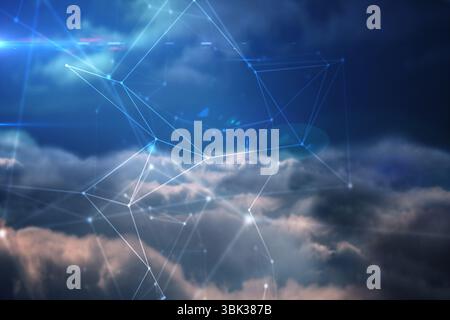 Leuchtende digitale Knoten verbinden sich über weiche Wolken in stilisiertem abstraktem Design mit Linsenflackern Stockfoto