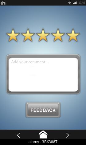 Anzeige einer flachen Benutzeroberfläche mit Feedback-Design mit goldenen Sternen, Kommentareingabe und Schaltfläche sowie Symbolen auf blauem Verlauf Stockfoto