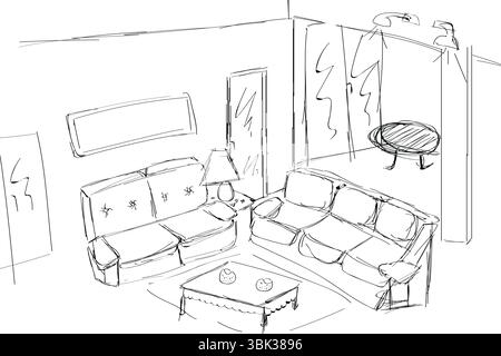 Die Linienzeichnung zeigt das Innere des Wohnzimmers mit zwei Sofas, einem Couchtisch und einer Seitentischleuchte Stockfoto