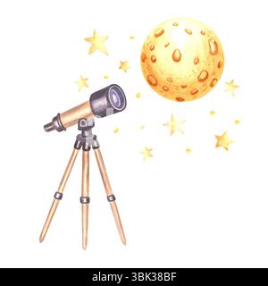 Teleskop und gelber Vollmond in hellen goldenen Sternen Aquarellillustration für Kinder Design. Handgezogene isolierte Ausrüstung für die Untersuchung des Weltraums Stockfoto