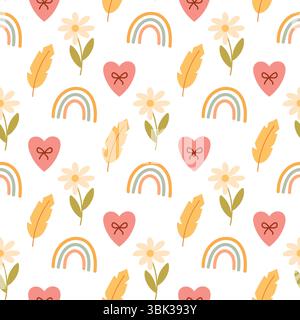 Skurriles Pastellmuster mit Regenbogen, Gänseblümchen, Federn und Herzen. Ideal für Kindermotive, Tapeten und Babydekoration. Stock Vektor