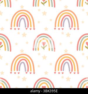 Buntes, sich wiederholendes Regenbogendesign mit Herz- und Blumenelementen. Skurril und weich, ideal für Kinderdrucke und Umschläge. Stock Vektor