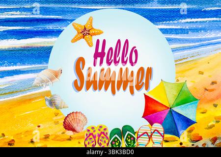 Hallo Sommer Aquarellmalerei buntes Banner Design Meer Strandwelle und Zubehör mehrfarbiger Regenschirm, Flip-Flops, Shell, Sommerurlaub in der M Stockfoto