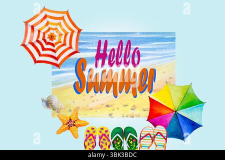 Hallo Sommer. Aquarellmalerei buntes Banner Design Meer Strandwelle und Accessoires mehrfarbiger Regenschirm, Flip-Flops, Seesterne, Sommerurlaub in bl Stockfoto