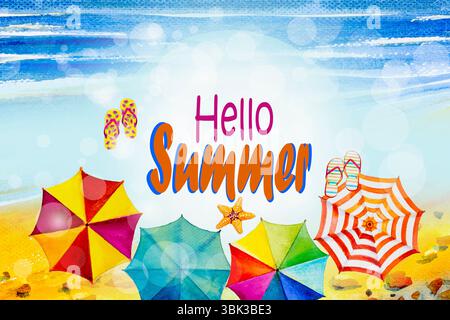 Hallo Sommer. Aquarellmalerei Bannerdesign mit Text, Strandwelle und Accessoires, mehrfarbiger Regenschirm, Flipflops, Seesterne, Sommerurlaub in bl Stockfoto