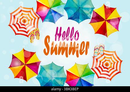 Hallo Sommer, mehrfarbiger Regenschirm von oben - Aquarellmalerei Bannerdesign mit Text und Accessoires, Flipflops, Sommerfeierfeier, wunderschön Stockfoto