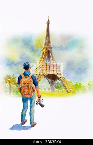 Paris europäische Stadtlandschaft. Frankreich, Eiffelturm, junger Mann Tourist und Rucksack, Fotograf mit moderner Digitalkamera in der Hand. Aquarellschmerz Stockfoto