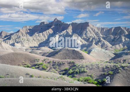 Blick auf Felsformationen im Badlands-Nationalpark, South Dakota, USA. Stockfoto