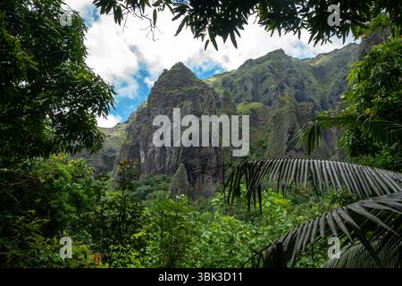 Ein üppiger Dschungelpfad durch das Hakaui-Tal, Nuku Hiva, die Marquesas-Inseln und Französisch-Polynesien. Majestätische Basaltklippen und dichte Vegetation umgeben die Tra Stockfoto