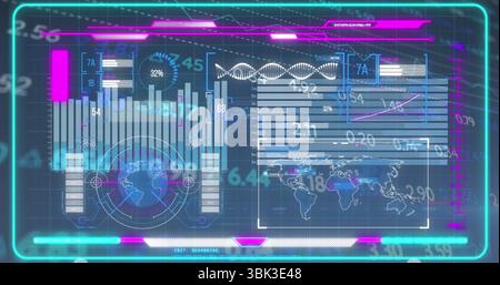 Holografische Oberfläche mit Balkendiagrammen und Weltkarte im Control Hub mit Neonrändern Stockfoto