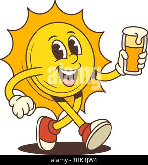Verspielte Cartoon-Sonnenfigur mit Vintage-Handschuhen und Sneakers, die glücklich mit einem Bierglas in der Hand laufen. Ideal für Sommerveranstaltungen, Barmenüs, Poster, Stock Vektor