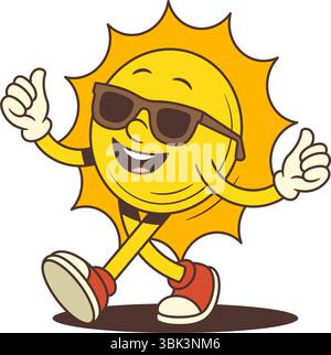 Helles Vintage-Sonnenmaskottchen, das eine Sonnenbrille trägt und selbstbewusst geht und die Daumen nach oben zeigt. Geeignet für Sommer, Urlaub, Wetter und verspielt Stock Vektor