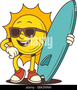 Helles und selbstbewusstes Vintage-Sonnenmaskottchen mit Sonnenbrille und Surfbrett, perfekt für Sommer-, Strand-, Urlaubs- und Surfprojekte. Stock Vektor