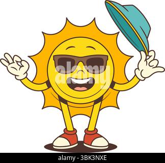 Vintage-Sonnenmaskottchen mit Sonnenbrille und einem Meereshut, während sie lächeln und eine gute Handgeste zeigen. Ideal für Sommer, Urlaub und Stock Vektor