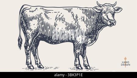 Kuh, Stier, Rindfleisch. Rinderbullen-Skizze im Retro-Stil Stock Vektor