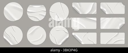 Zerknitterte runde Aufkleber. Zerknitterte, kreisförmige Papieretiketten mit Klebeband, realistische runde, rechteckige Faltenaufkleber-Muster Stock Vektor