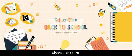 Bildungs-Motiv-Illustration, die zurück zur Schule mit Schreibwaren feiert. Vektorabbildung Stock Vektor