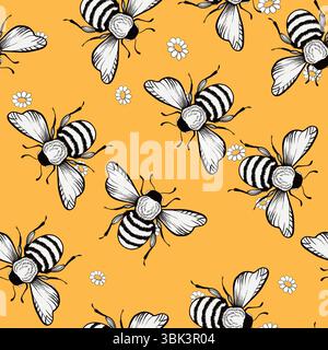 Nahtloses Muster mit Bienen. Kleine Wespe. Vektorabbildung. Design für Einladung, Karten, Textil, Stoff. Doodle-STYLE Stock Vektor