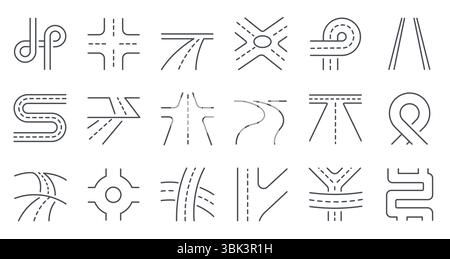 Symbol für Kreuzungslinie. Kreuzung von zwei Straßen mit Abbiegehindern, Straße und Autobahnkreuzung. Elementvektor der Stadtkarte Stock Vektor
