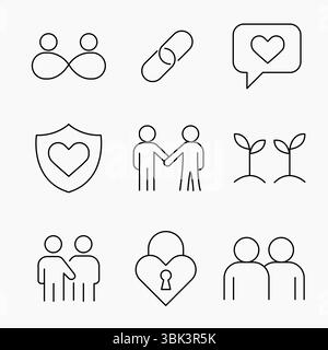 Minimalistische Umrisssymbole für Freundschaft und Loyalität ideal für UI UX, Social Apps und Designs mit Beziehungsmotiven, Vektorillustration Stock Vektor