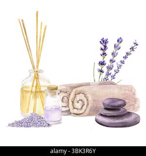 Handgezeichnete Komposition mit Aromadiffusor mit ätherischem Öl, Handtüchern, Steinen und Flasche mit Aromaöl und Lavendel Stockfoto