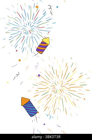 Buntes explodierendes Feuerwerk am Himmel nahtlose vertikale Grenze. Abbildung der grafischen Vektorfarbe. Festkarte, Festival für Poster, Flyer, Stock Vektor