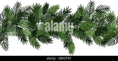 Nahtloser horizontaler Rand der Zweige des Weihnachtsbaums. Abbildung der grafischen Vektorfarbe. Weihnachtsgirlande isoliert auf transparentem Hintergrund. Für Logo Stock Vektor