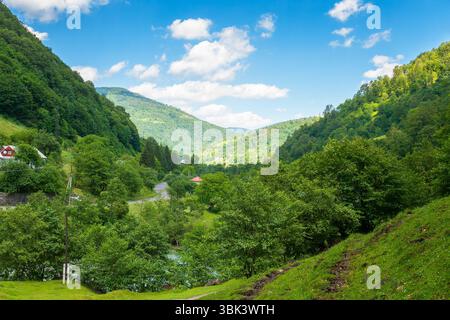 Ländliche Landschaft der karpaten im Sommer. Entfernte Region. Landschaft mit steilen bewaldeten Hängen. Die Straße schlängelt sich durch das Dorf zwischen g Stockfoto