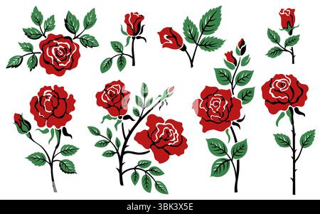 Rote Rose Tattoo. Blumenblüten-Silhouette mit Blättern, romantische Rosenblumen-Ikonen für Liebe und Hochzeit, einfache Rosenblüten-Elemente. Vektor Stock Vektor