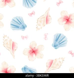 Nahtloses Aquarellmuster mit Muscheln, tropischen Blumen und rosafarbenen Schleifen für Textilien, Tapeten, Verpackungen, Schreibwaren, Kinderzimmer, Stranddekor Stockfoto