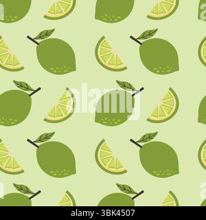 Nahtloses Muster mit Limetten- und Limettenscheiben auf grünem Hintergrund. Perfekt für Sommer-Designs, Lebensmittelverpackungen, Stoff- oder Küchenausdrucke. Vec Stock Vektor
