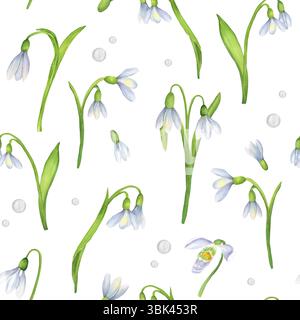 Nahtloses Muster mit Wasserfarben-Schneeglöckchen, grünen Blättern und weißen Perlen. Frühlingsgarten mit Blumenmuster. Handgezeichnete Illustration für Textil Stockfoto