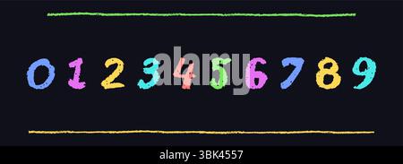 Bunte Zahlen 0-9, handgezeichnet in Wachsstift oder Pastellstil. Highlighter-Effekt auf einem Brett für Kindergartenzeichnung, Lernmaterialien und Stock Vektor