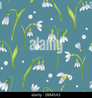 Nahtloses Blumenmuster mit Wasserfarben-Schneeglöckchen, grünen Blättern und weißen Perlen auf türkisfarbenem Hintergrund. Handgezeichnete Illustration für Textilien, Stockfoto