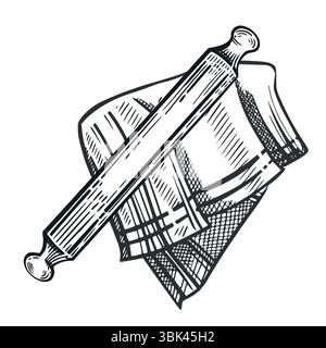 Kochen, Kochutensilien, Nudelnadel zum Ausrollen von Teig, Küchentuch. Alle Objekte werden im Vektor handgezeichnet. Die Abbildung ist geeignet für Stock Vektor