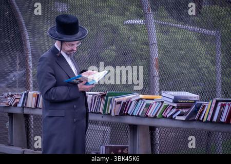 Bei einem Verkauf religiöser Bücher durchsucht ein orthodoxer Jude einen Band. Auf der BQE-Überführung in Williamsburg, Brooklyn, New York. Stockfoto