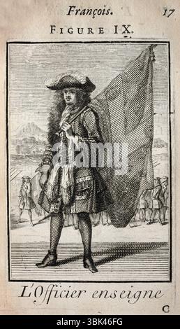 Französische Militärgeschichte, Offizier mit Fähnrich oder Flagge, L'Art Militaire Francois, französische Militärkunst, Ende 17. Jahrhundert, 1696 Vintage Illustration Stockfoto