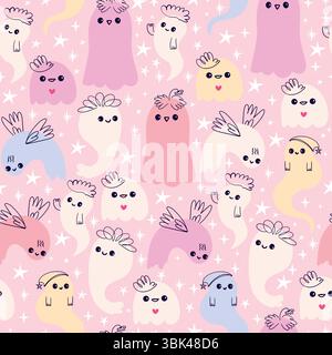 Niedliche Pastel-Geister mit skurrilen Dekorationen im handgezeichneten Stil. Weiches, nahtloses Halloween-Muster für Kinder. Charmante und freundliche Geisterfiguren mit Stock Vektor