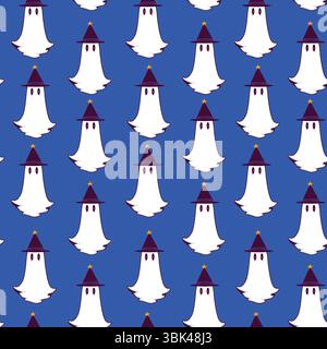 Hexenhut Ghosts nahtloses Muster auf tiefblauem Hintergrund. Minimales Halloween-Design mit schwebenden Geistern und spitzen Hüten, perfekt für Einladungen Stock Vektor
