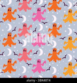 Halloween-Geister in hellen Farben mit Monden und Fledermäusen. Lustiges und gruseliges Nachtmuster mit orangefarbenen, rosa und gelben Spirituosen, perfekt für Einladungen Stock Vektor