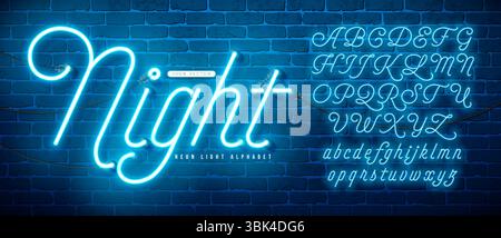 Leuchtendes Neonlicht-Alphabet mit Kabel und Schatten auf Vintage Ziegelwand Hintergrund. Retro-Vektor-Schriftkollektion mit leuchtenden Lichtern. ABC Stock Vektor