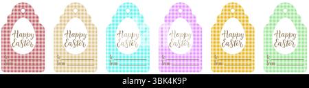 Set mit Geschenketiketten für Ostern. Die Tags werden in einer Vielzahl von weichen Pastellfarben präsentiert. Perfekt, um Ihrem Urlaub einen charmanten, handgefertigten Touch zu verleihen Stock Vektor