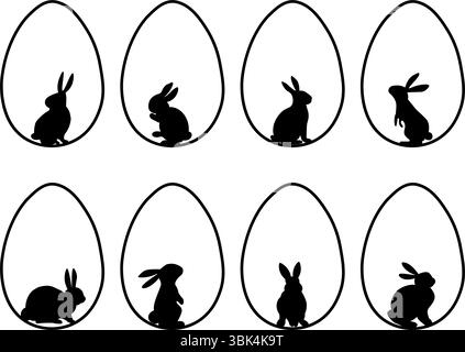 Set aus minimalistischen schwarzen Osterhasen-Silhouetten in Eierform. Designkonzept für Grußkarte oder Banner. Vektorabbildung Stock Vektor